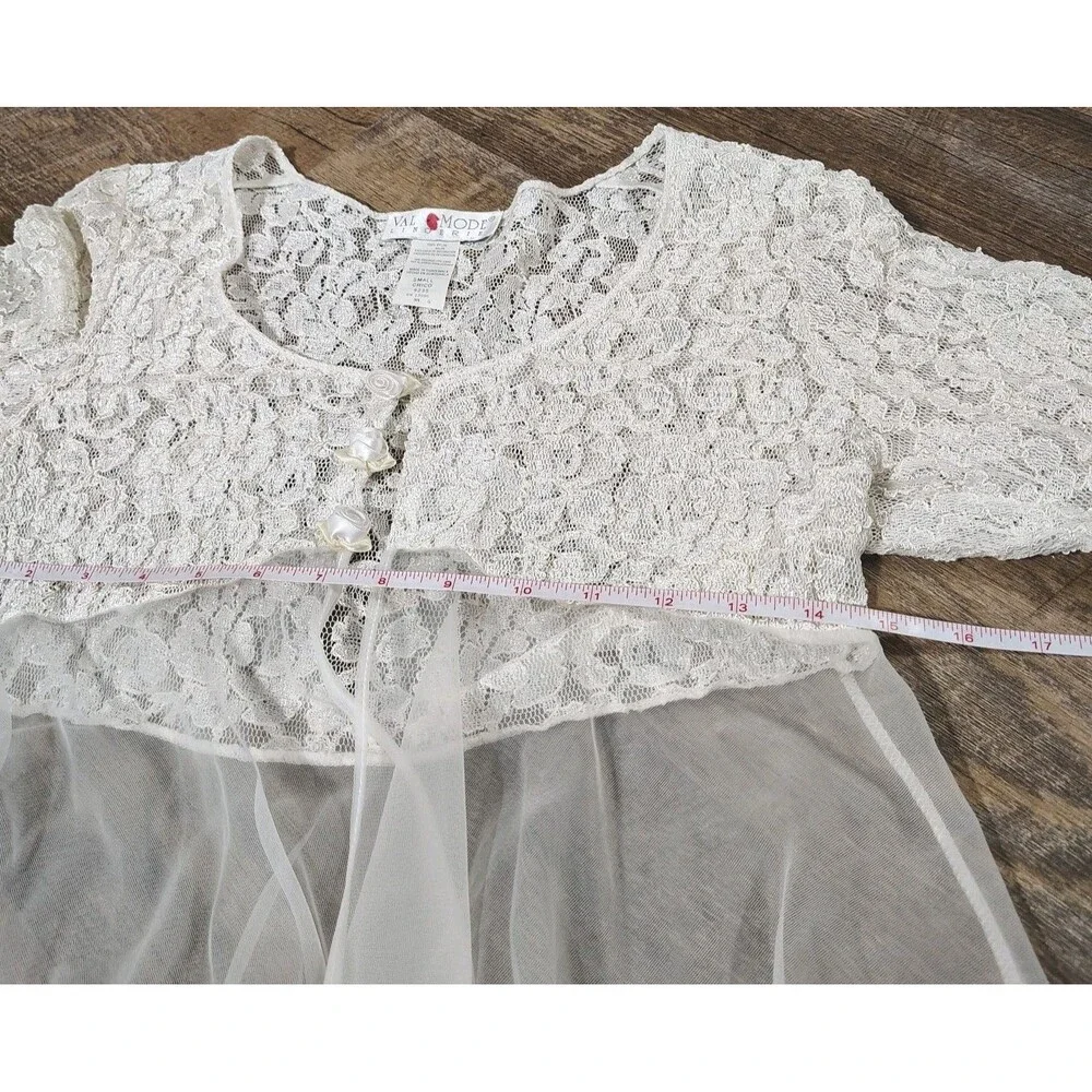 Vintage White Lace Nightgown Set Size S Sheer Robe Satin Slip Romantic Bridal - Picture 11 of 12